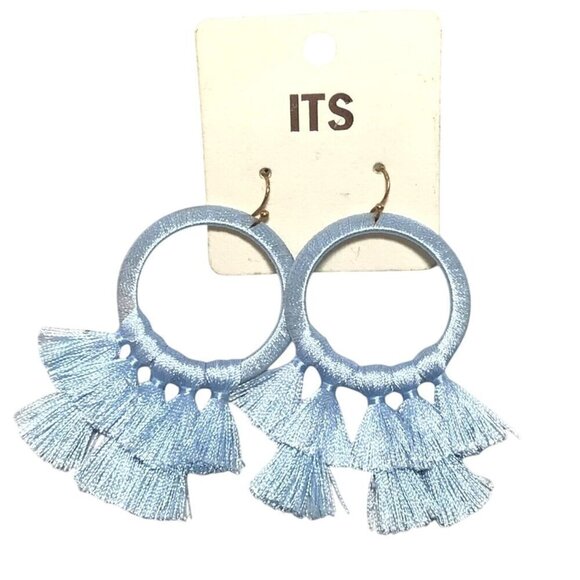 Tassel Hoop Earrings In Light Blue New - Picture 1 of 3
